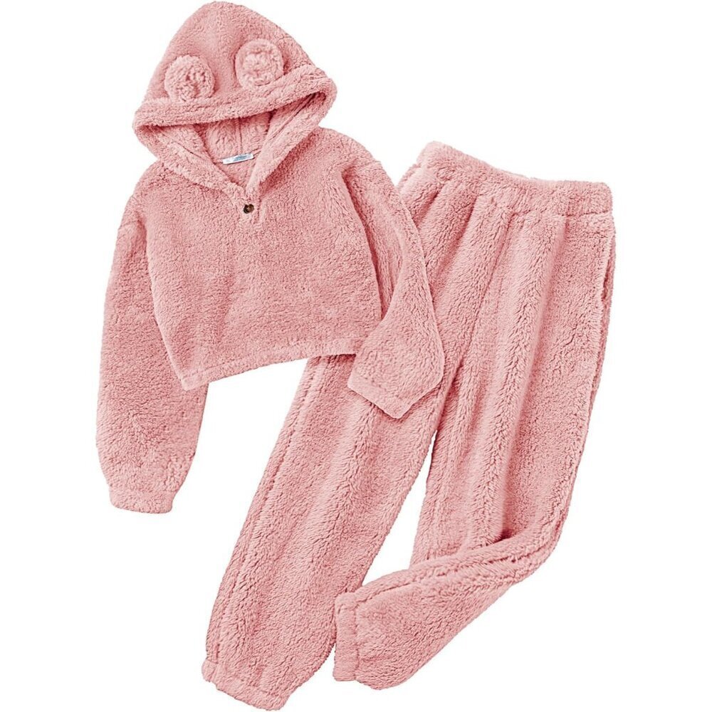 Girls 2 Piece Outfits Sweatsuit Fuzzy Long Sleeve Bear Ear Hoodie Sweatshirt and
